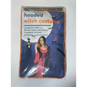 Womens Medieval Wiccan Witch Gothic Halloween Costume Hooded Gown Black Red M/L